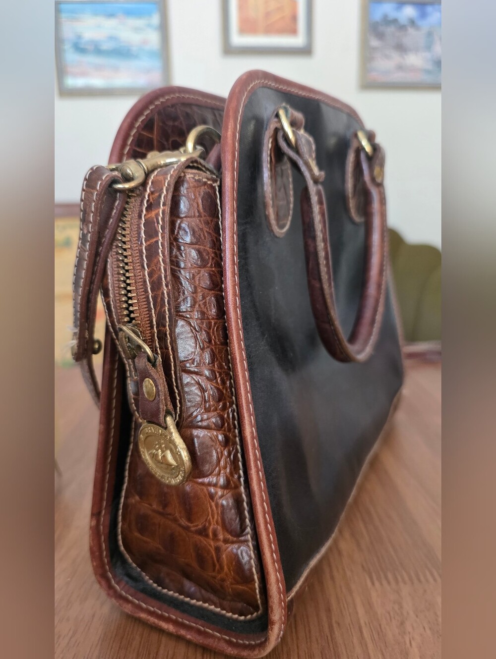 Brahmin Black and Brown Croc-Embossed Satchel